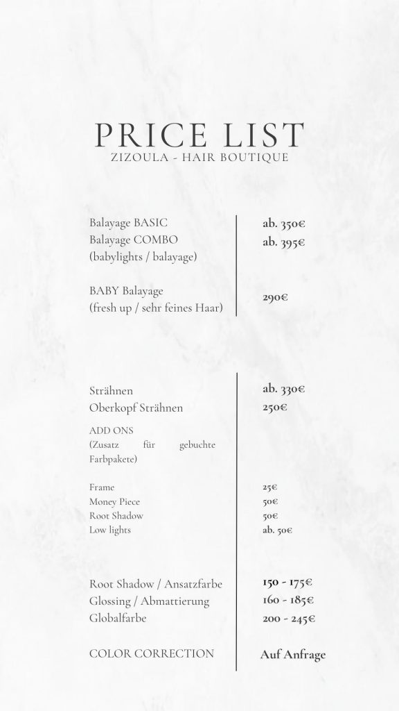 Preisliste ZIZOULA Juli 2025 Balayage